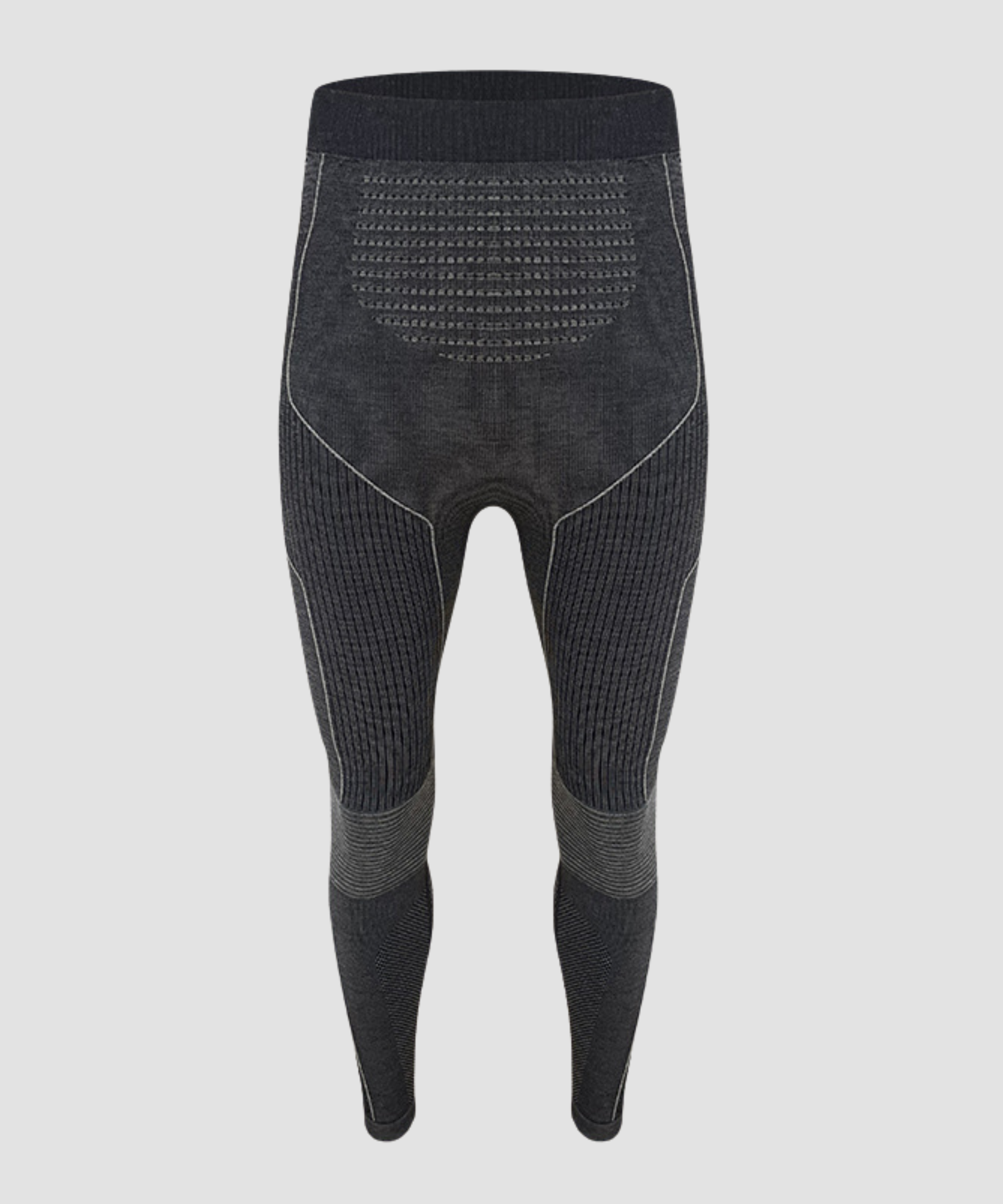 Black thermal leggings with patterned design on a light gray background