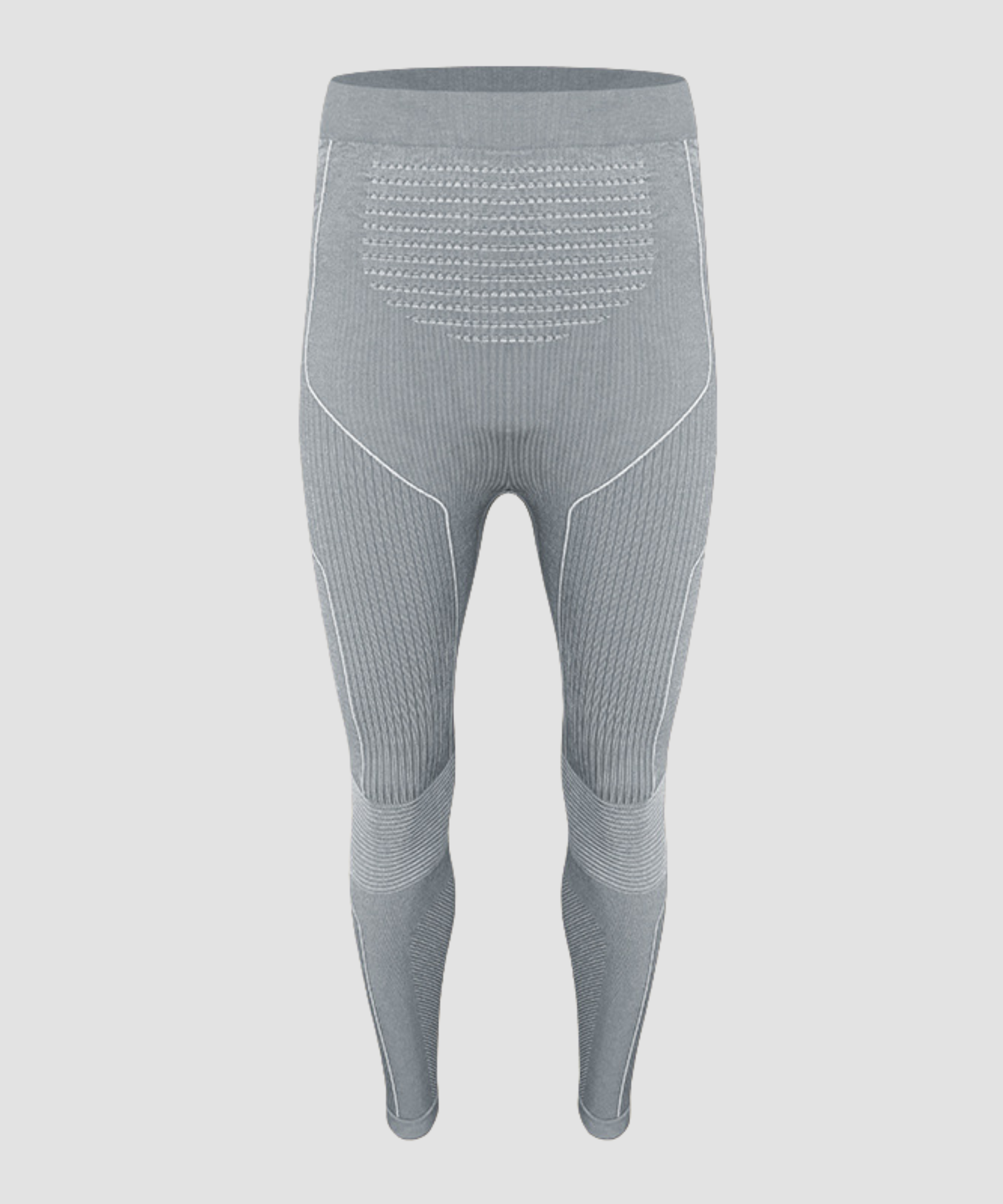 Gray leggings with a subtle pattern on a light gray background